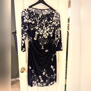Chaps Women's Midi Dress Size XL Floral Blue Ruched Stretch 3/4 Sleeve